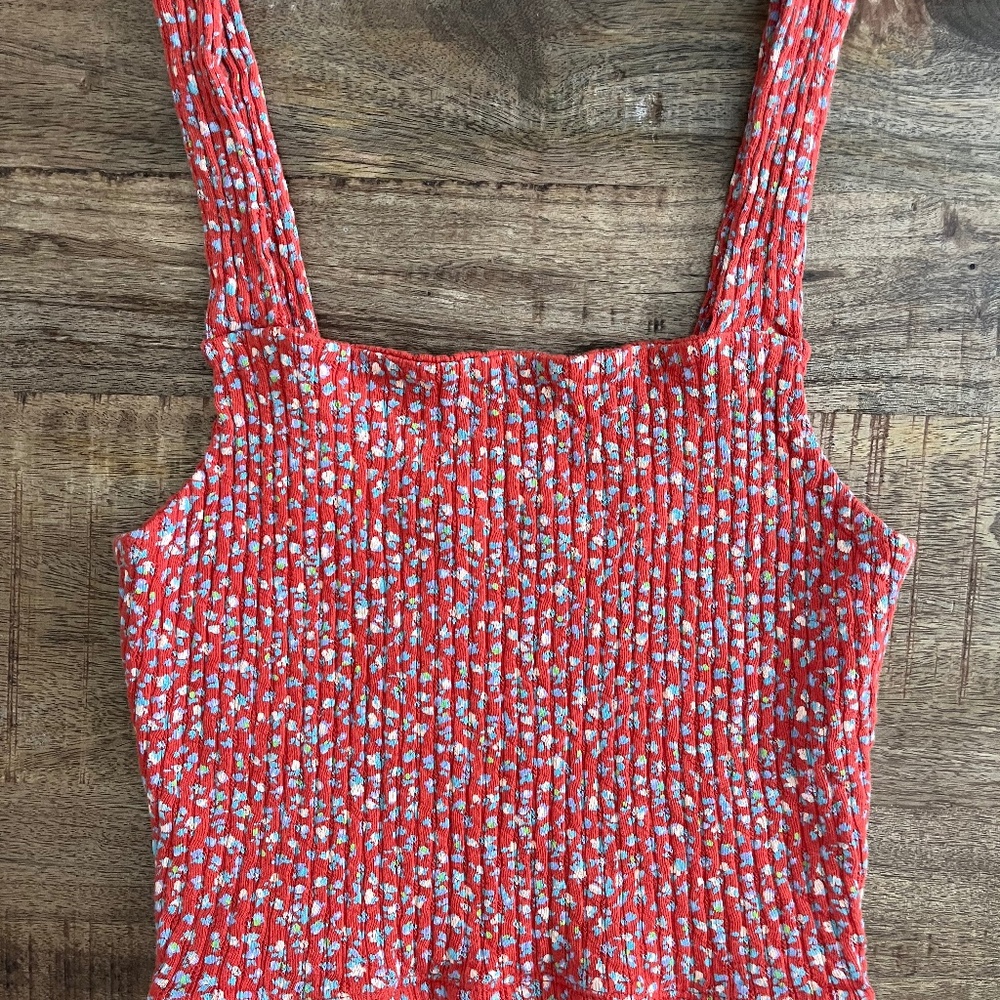 American Eagle Cropped Tank Top Size Small Orange with Floral Print